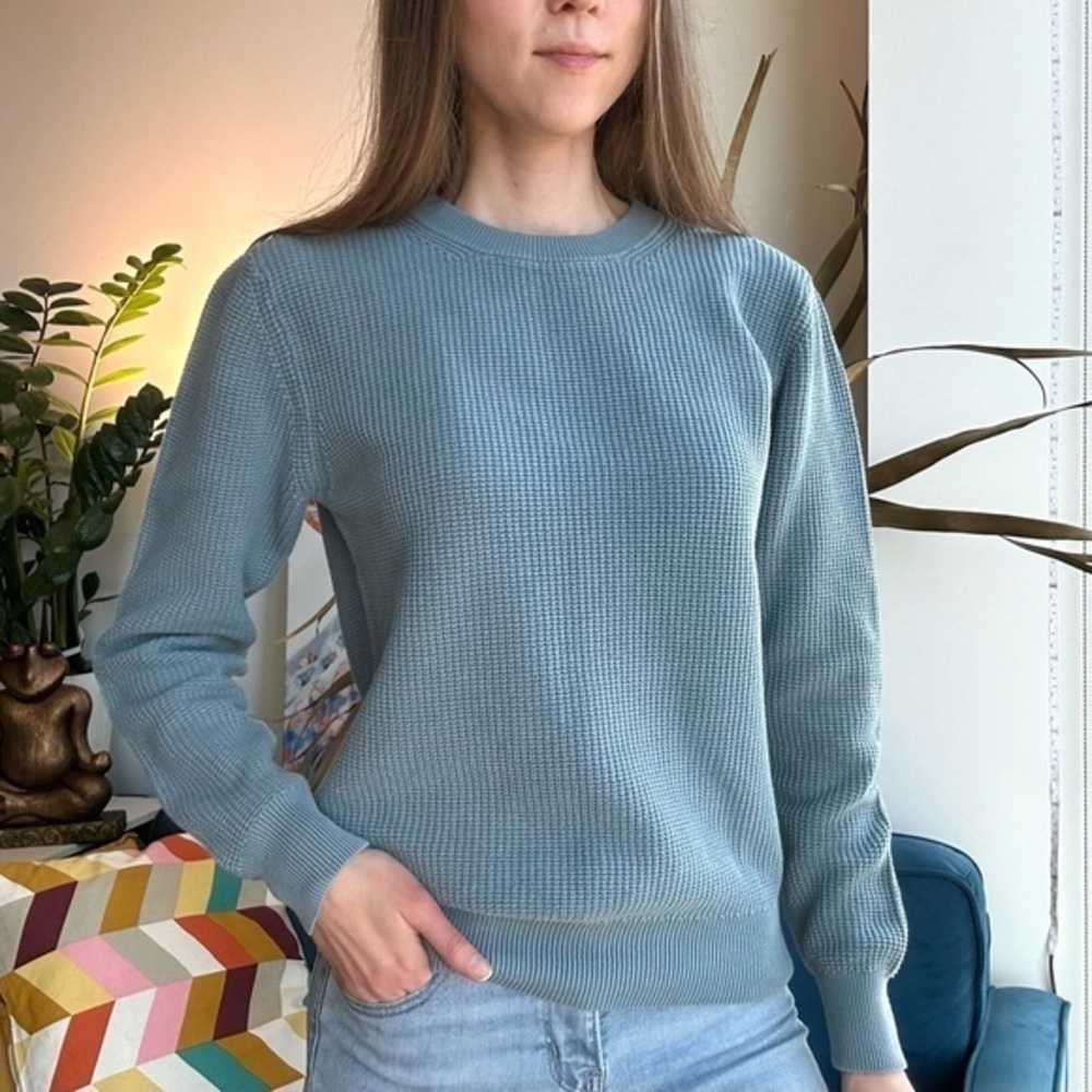 Sandro Cotton Dust Blue Waffle Crewneck Long Sleeve Sweater M